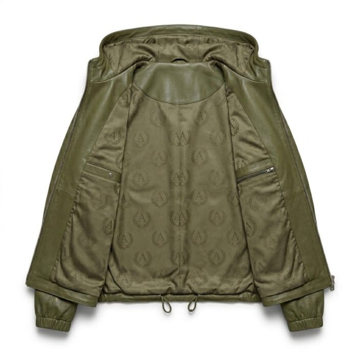 Handmade Olive Green Genuine Leather Hooded Windbreaker for Women | MAS Leather Garments - Image 2