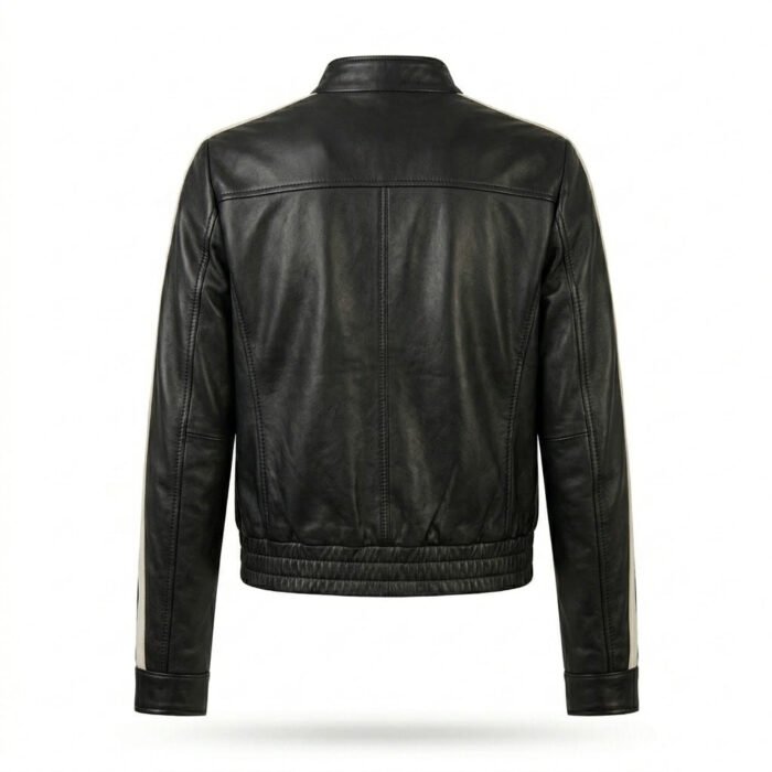Sleek Athletic Black Leather Track Jacket for Women with White Stripe | MAS Leather Garments - Image 3