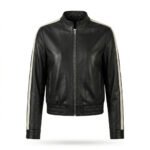 Sleek Athletic Black Leather Track Jacket for Women with White Stripe | MAS Leather Garments