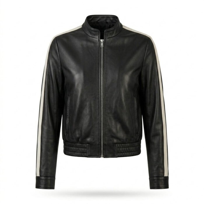 Sleek Athletic Black Leather Track Jacket for Women with White Stripe | MAS Leather Garments - Image 1