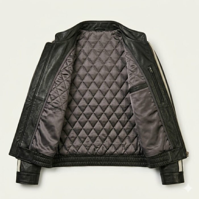 Sleek Athletic Black Leather Track Jacket for Women with White Stripe | MAS Leather Garments - Image 2