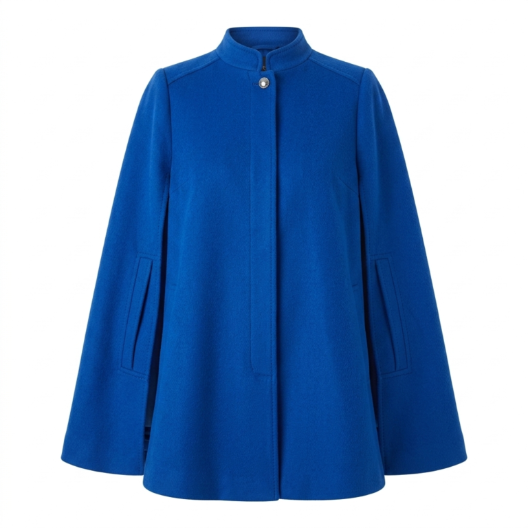 Bespoke Women's Blue Wool Cape Coat MAS Leather Garments