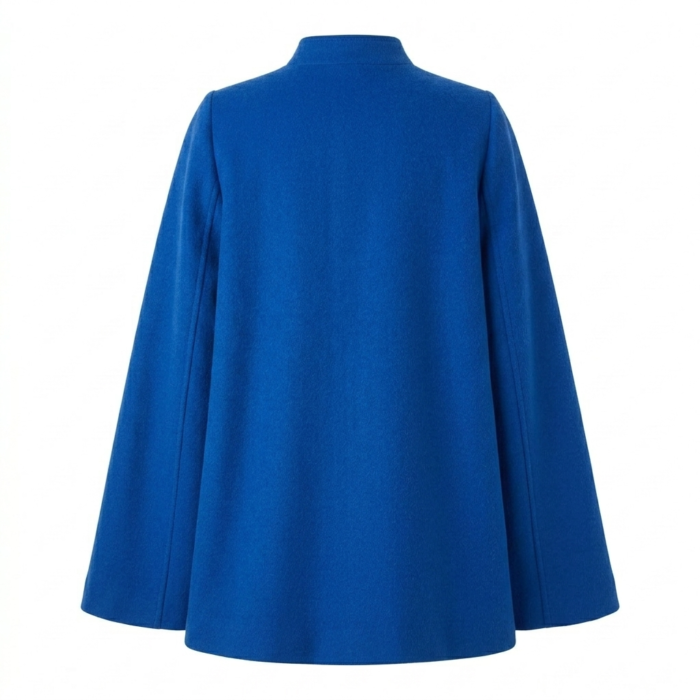 Bespoke Women's Blue Wool Cape Coat MAS Leather Garments Back View