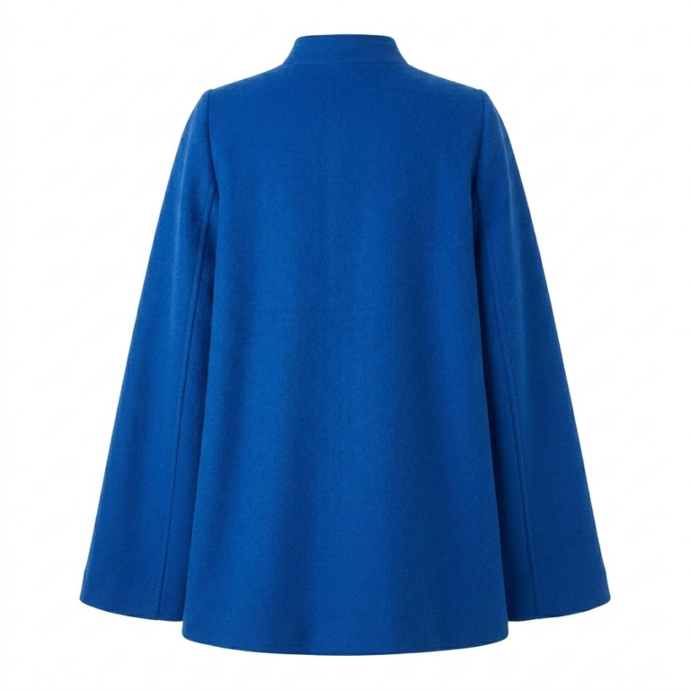 Bespoke Women's Blue Wool Cape Coat MAS Leather Garments Back View