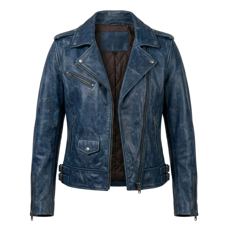 Crafted Women's Blue Distressed Leather Jacket MAS Leather Garments
