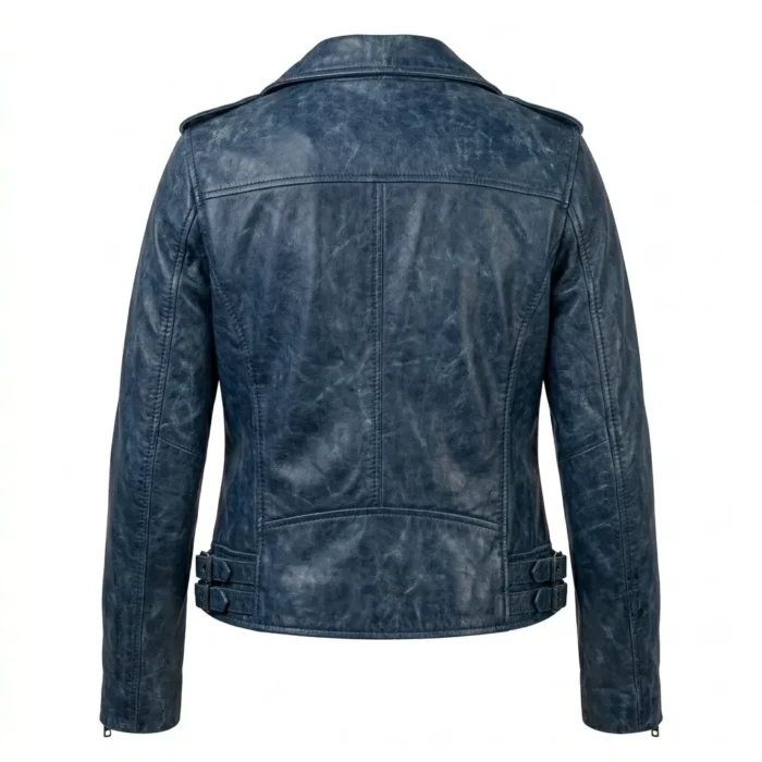 Crafted Women's Blue Distressed Leather Jacket MAS Leather Garments Back View
