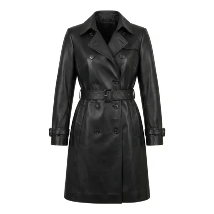 Executive Women's Black Trench Leather Coat MAS Leather Garments