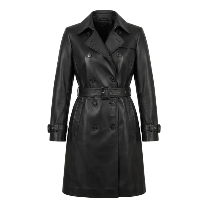 Executive Women's Black Trench Leather Coat MAS Leather Garments