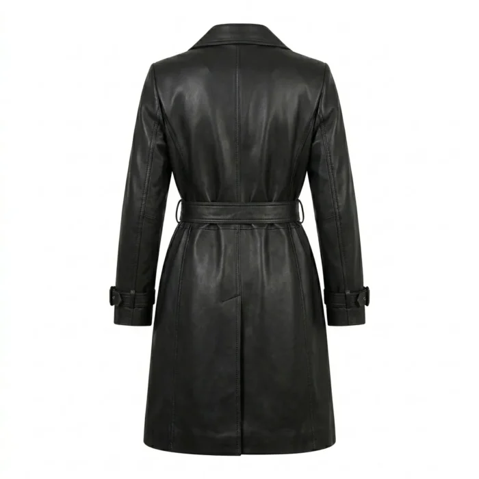 Executive Women's Black Trench Leather Coat MAS Leather Garments Back View