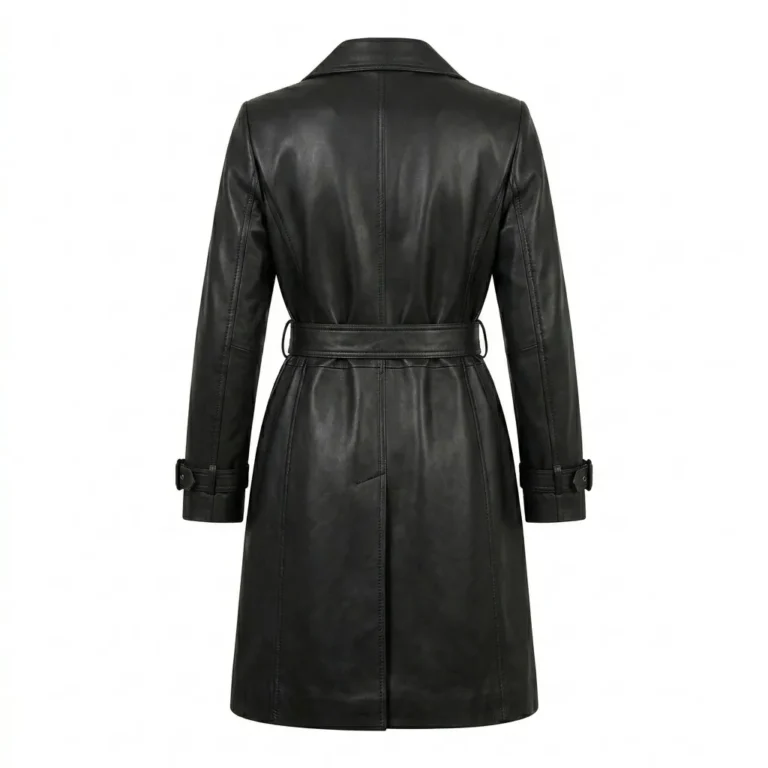 Executive Women's Black Trench Leather Coat MAS Leather Garments Back View