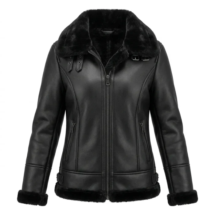 Finest Women's Black Faux Fur Leather Jacket MAS Leather Garments