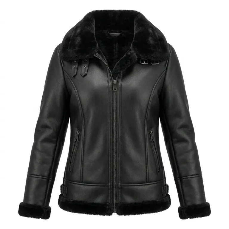 Finest Women's Black Faux Fur Leather Jacket MAS Leather Garments