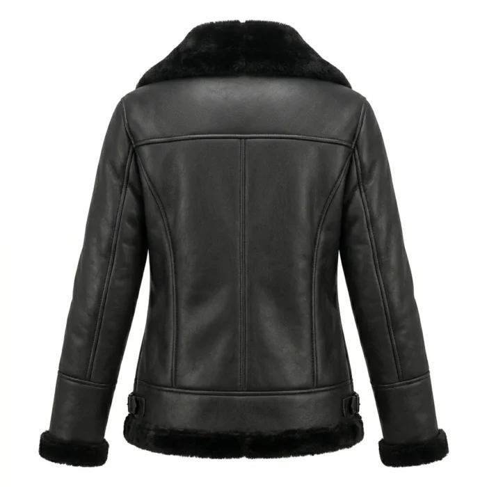 Finest Women's Black Faux Fur Leather Jacket MAS Leather Garments Back View