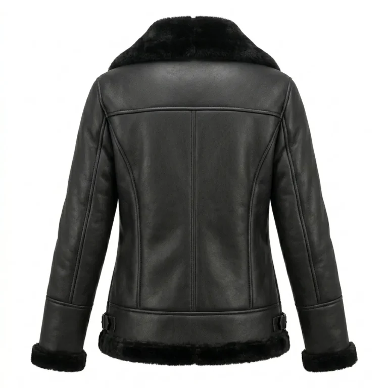 Finest Women's Black Faux Fur Leather Jacket MAS Leather Garments Back View