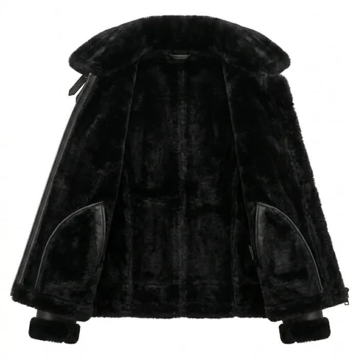 Finest Women's Black Faux Fur Leather Jacket MAS Leather Garments Inner View