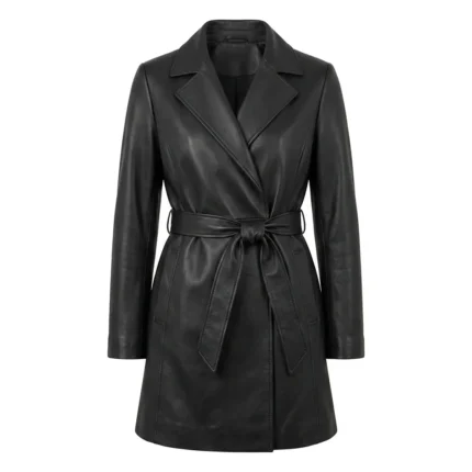 Refined Women's Black Leather Wrap Coat MAS Leather Garments