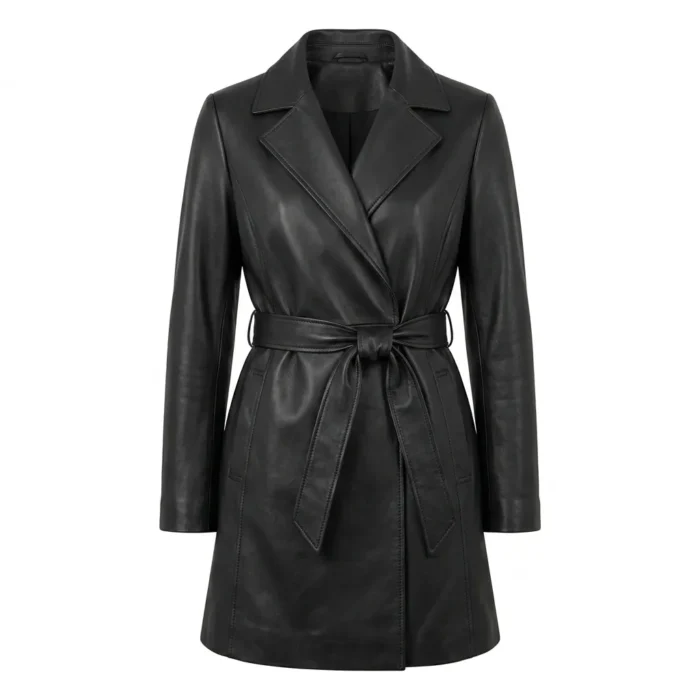 Refined Women's Black Leather Wrap Coat MAS Leather Garments