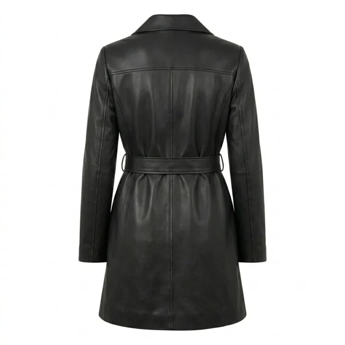 Refined Women's Black Leather Wrap Coat MAS Leather Garments Back View