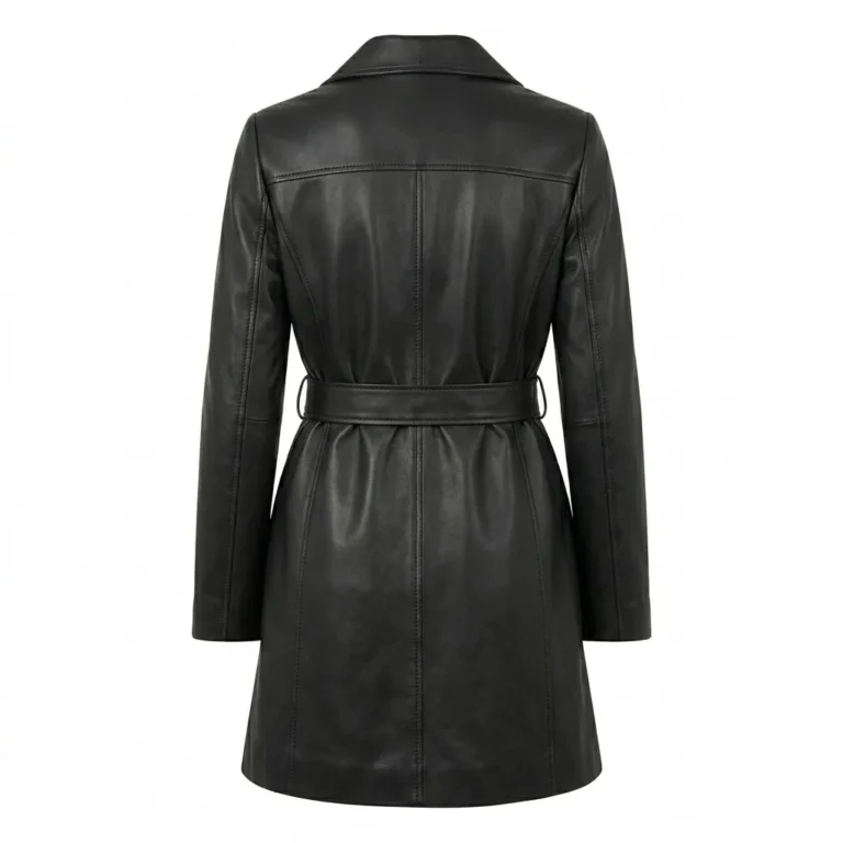 Refined Women's Black Leather Wrap Coat MAS Leather Garments Back View