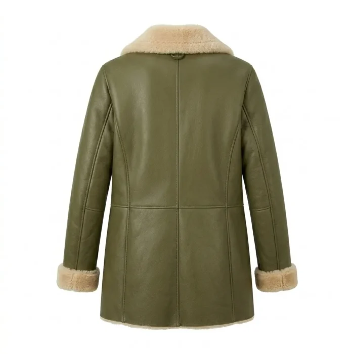 Statement Piece Women's Olive Green Leather Shearling Coats MAS Leather Garments Back View