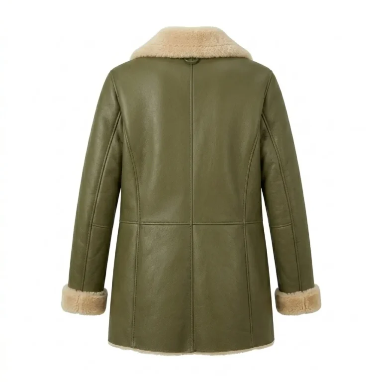 Statement Piece Women's Olive Green Leather Shearling Coats MAS Leather Garments Back View