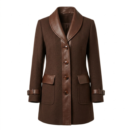 Superior Women's Brown Wool Leather Trim Coat MAS Leather Garments