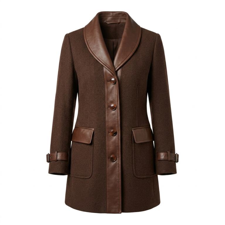 Superior Women's Brown Wool Leather Trim Coat MAS Leather Garments