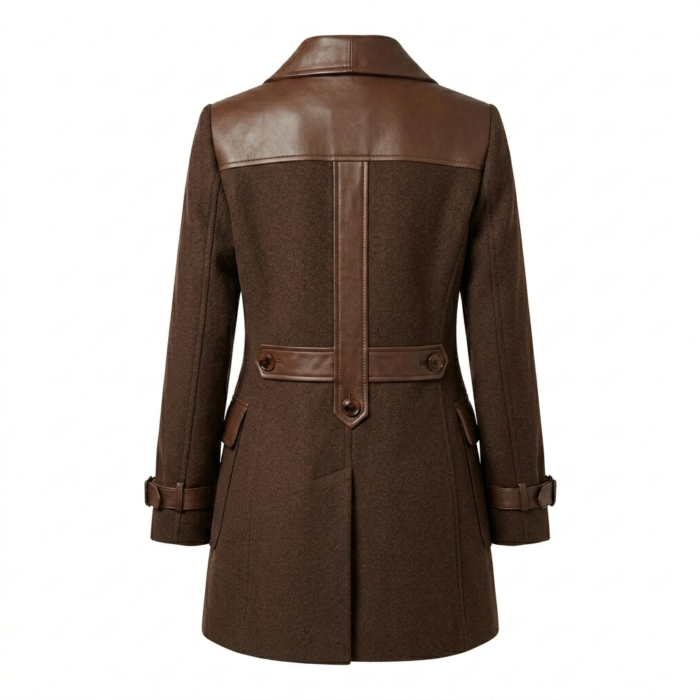 Superior Women's Brown Wool Leather Trim Coat MAS Leather Garments Back View