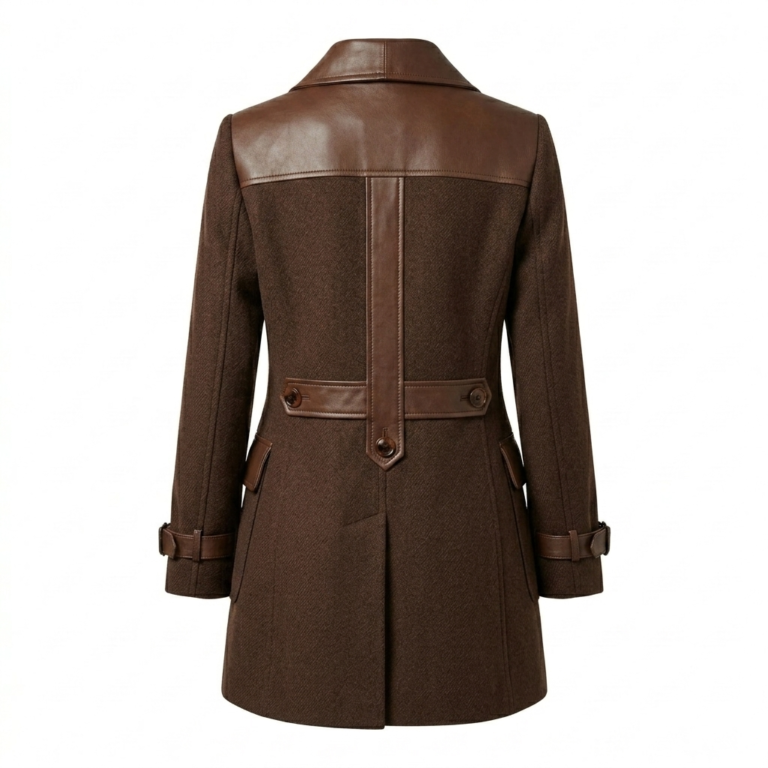 Superior Women's Brown Wool Leather Trim Coat MAS Leather Garments Back View
