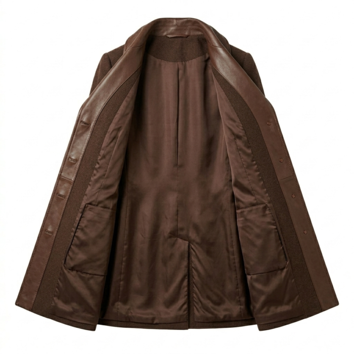 Superior Women's Brown Wool Leather Trim Coat MAS Leather Garments Inner View